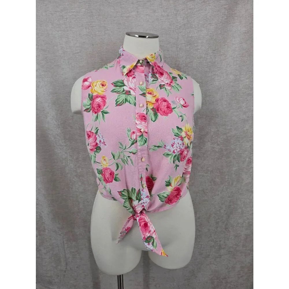 Lauren Ralph Lauren Linen Vintage Pink Floral Tie-Front Sleeveless Tank Top